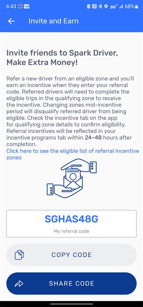 The Refer & Earn screen displays. . Spark driver referral code
